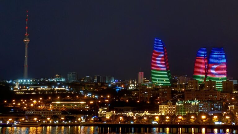 Baku skyline with Flame Towers and TV tower